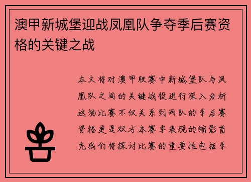 澳甲新城堡迎战凤凰队争夺季后赛资格的关键之战