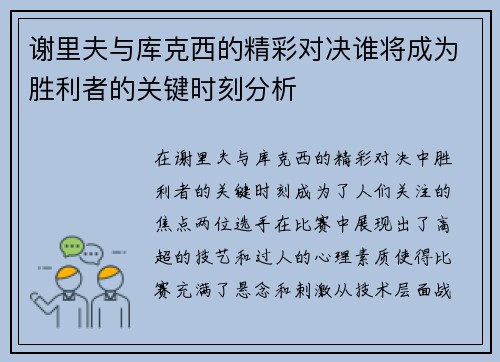谢里夫与库克西的精彩对决谁将成为胜利者的关键时刻分析